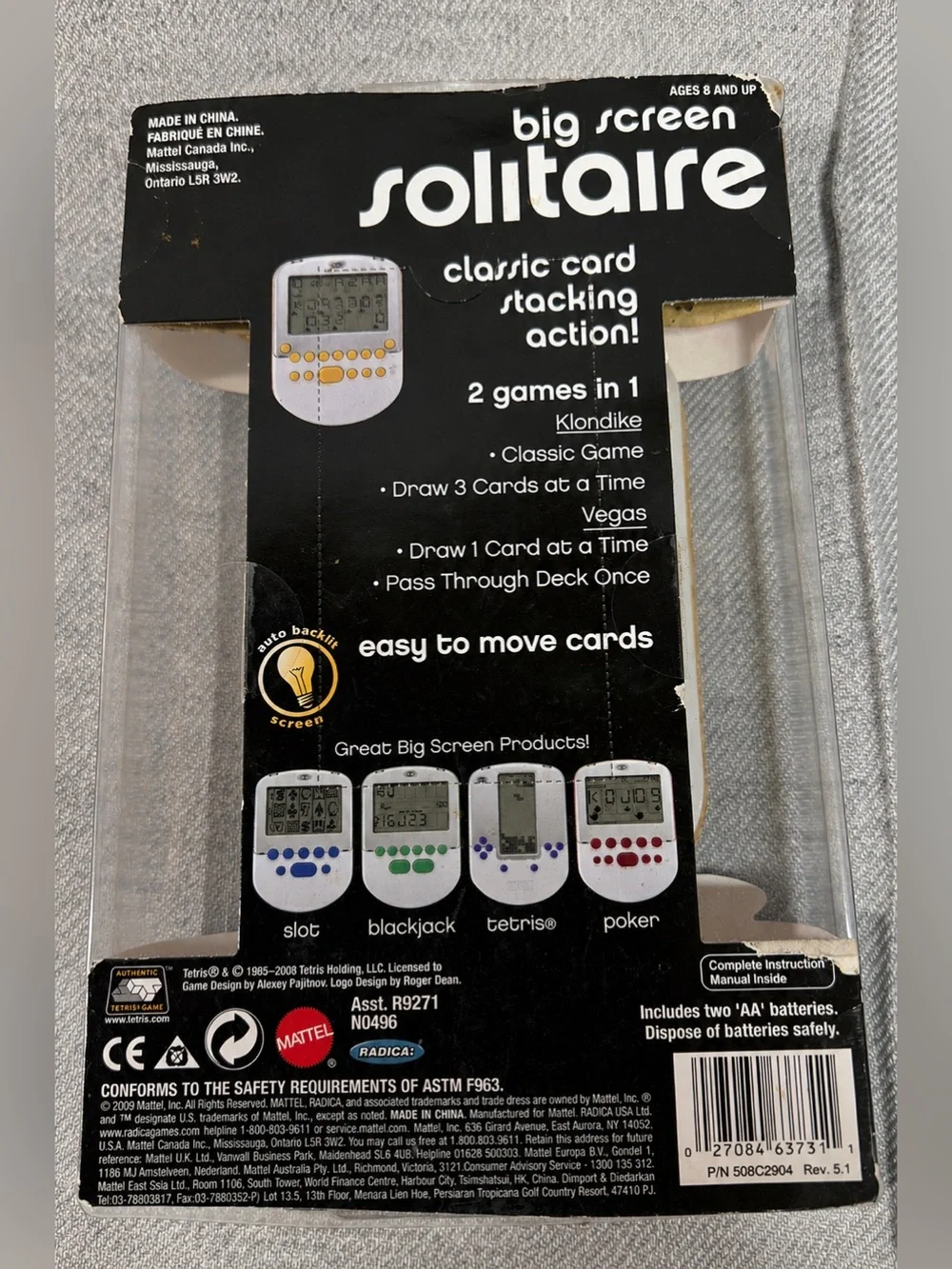 Radica Big Screen Solitaire Handheld Game Sealed New Mattel Auto Backlit LCD